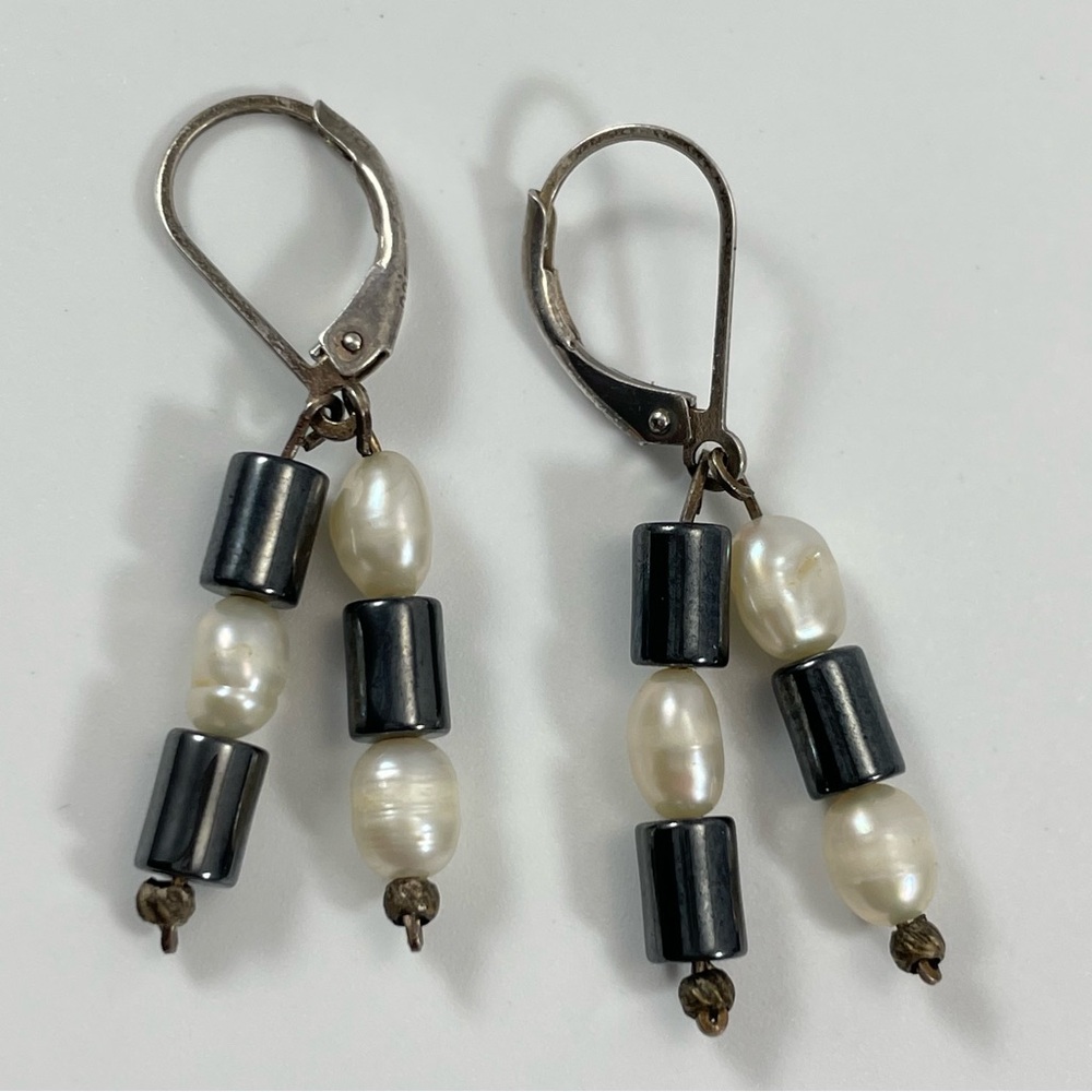 925 Sterling Silver fresh water pearl with Hermalite dangle earrings